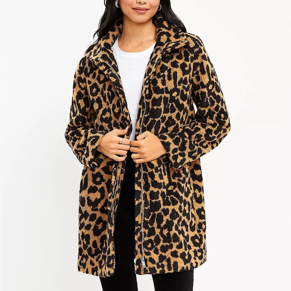 Petite Leopard Print Sherpa Funnel Neck Coat